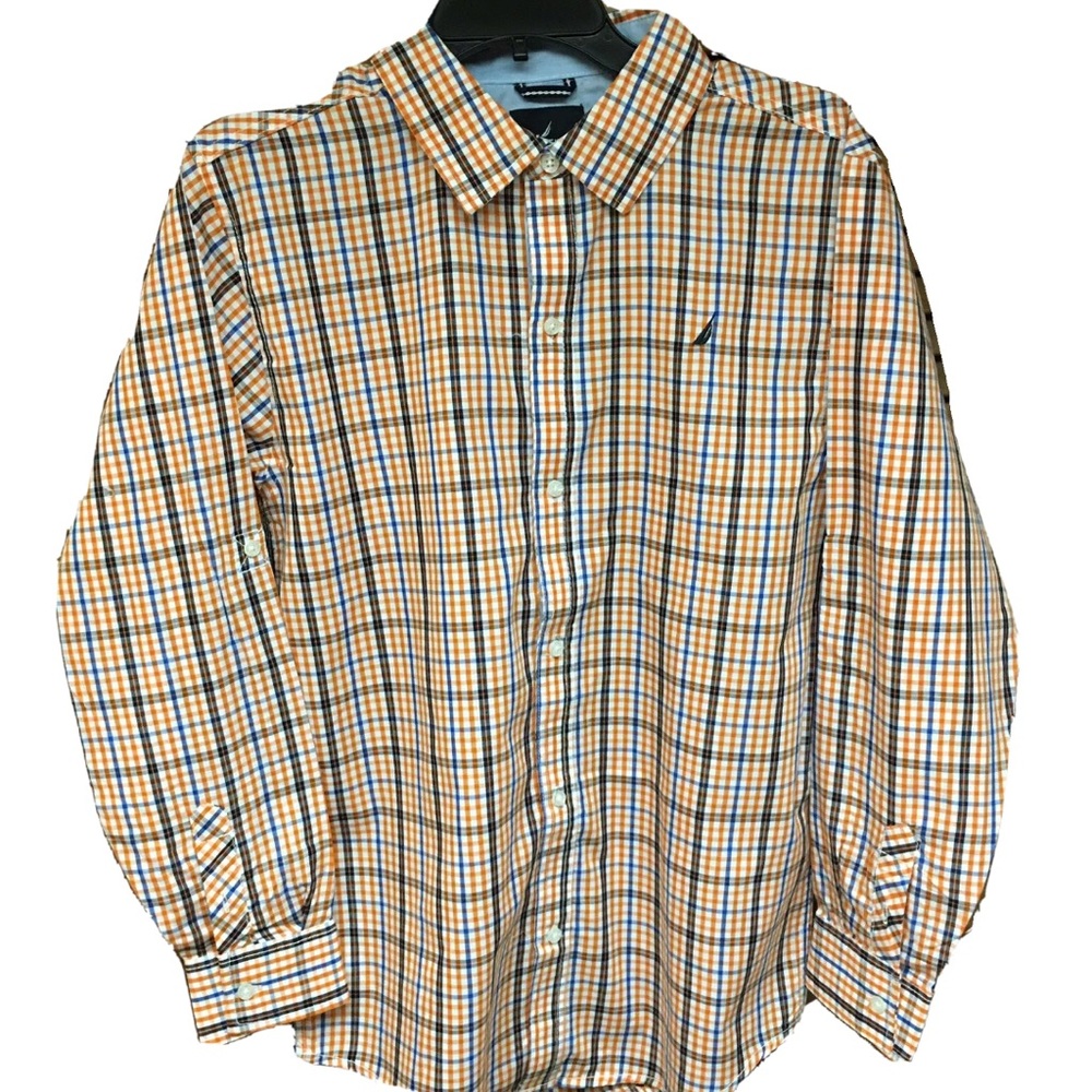 👑 Orange Plaid Boys Nautical Oxford Shirt, XL
